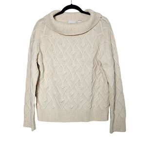 VTG Liz Claiborne XL Wool Angora Cable Knit Fisherman Sweater Ivory Beaded